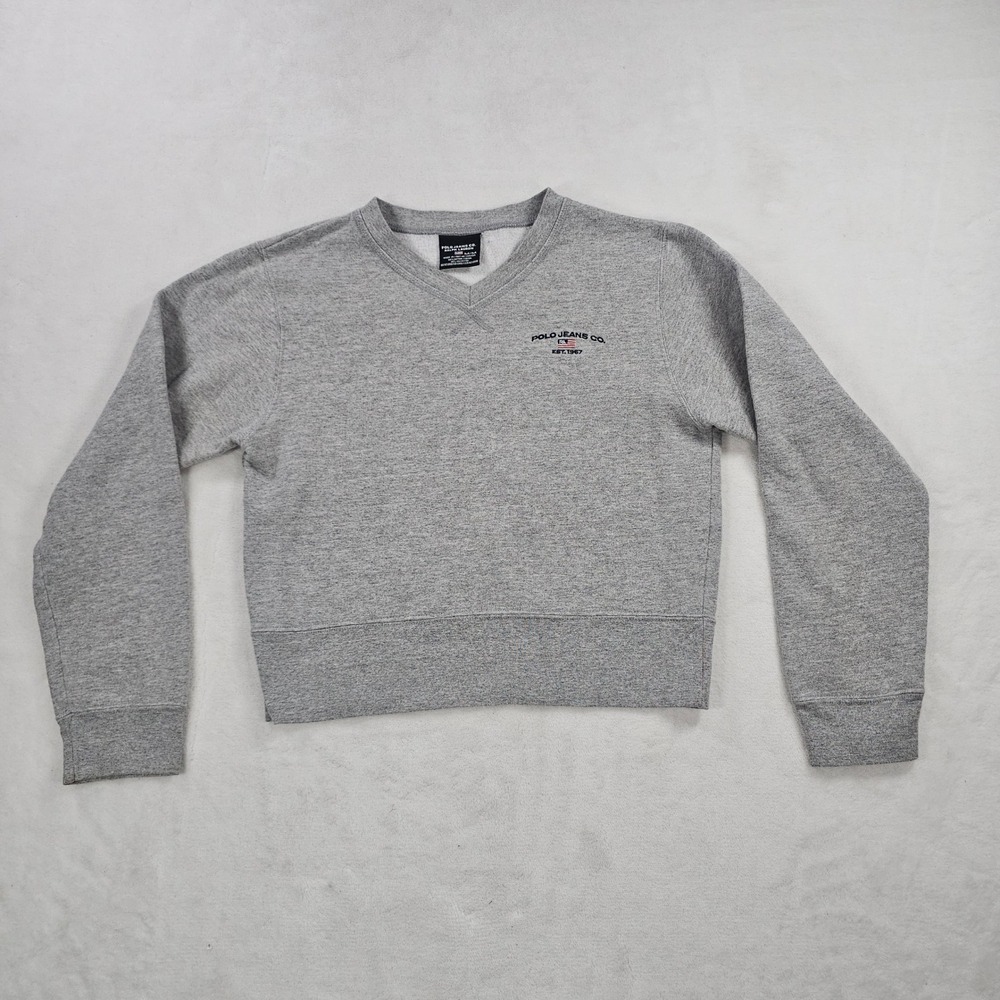Polo Jeans Co Sweatshirt Womens M Gray Excellent V-Neck Logo Pullover Fleece